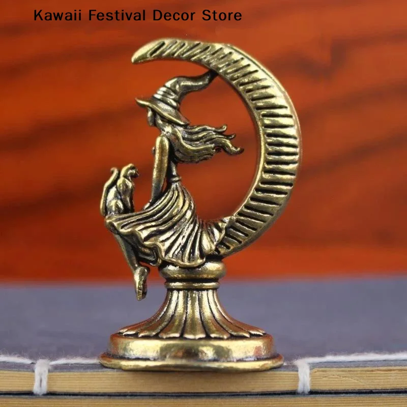 【K】Brass Crescent Moon Witch Cat Statue Halloween Retro Gothic Mini Figurine Decor Ornament For Desktop Bedroom Mystical