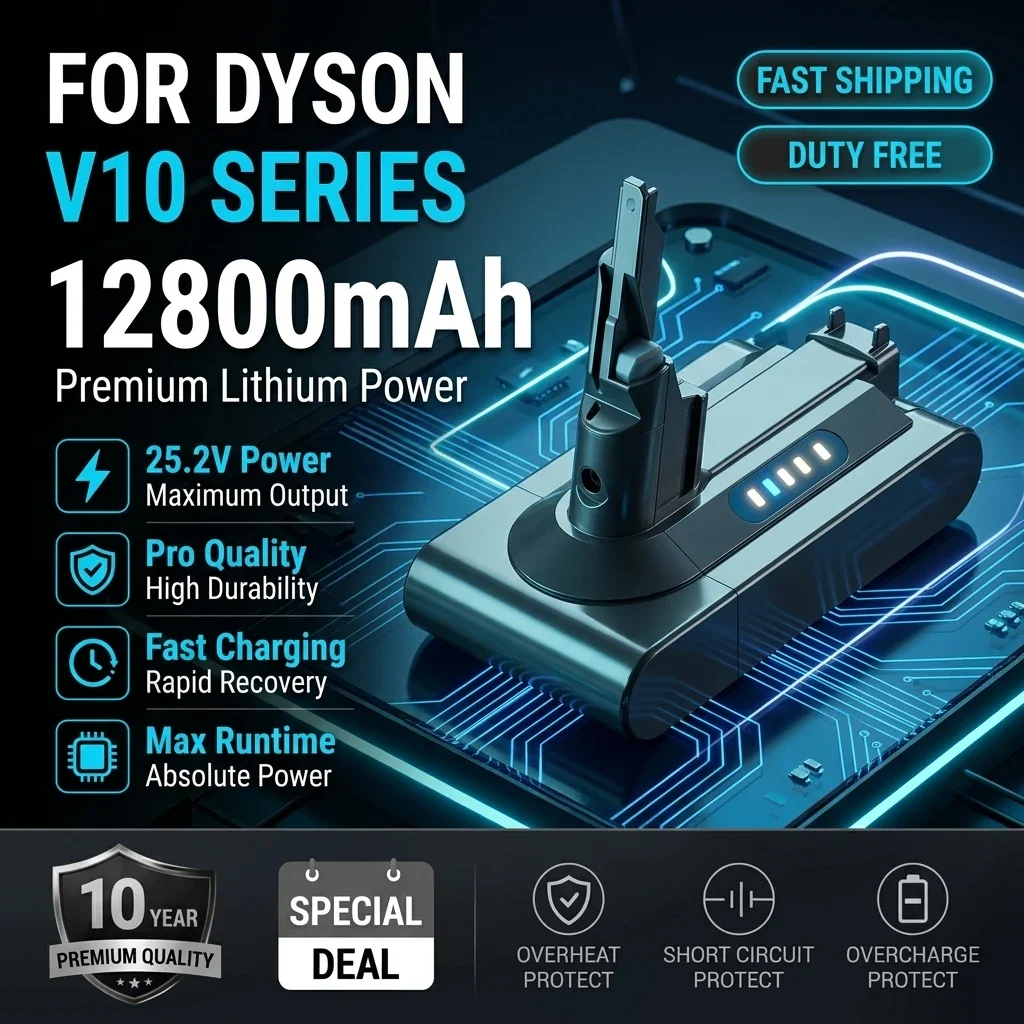 Akumulator do odkurzacza Dyson V10 25,2 V, 12800 mAh, szybkie ładowanie, seria SV07, SV09, SV10, SV12, DC62, Absolute, Fluffy, Animal – akumulator do wielokrotnego ładowania.