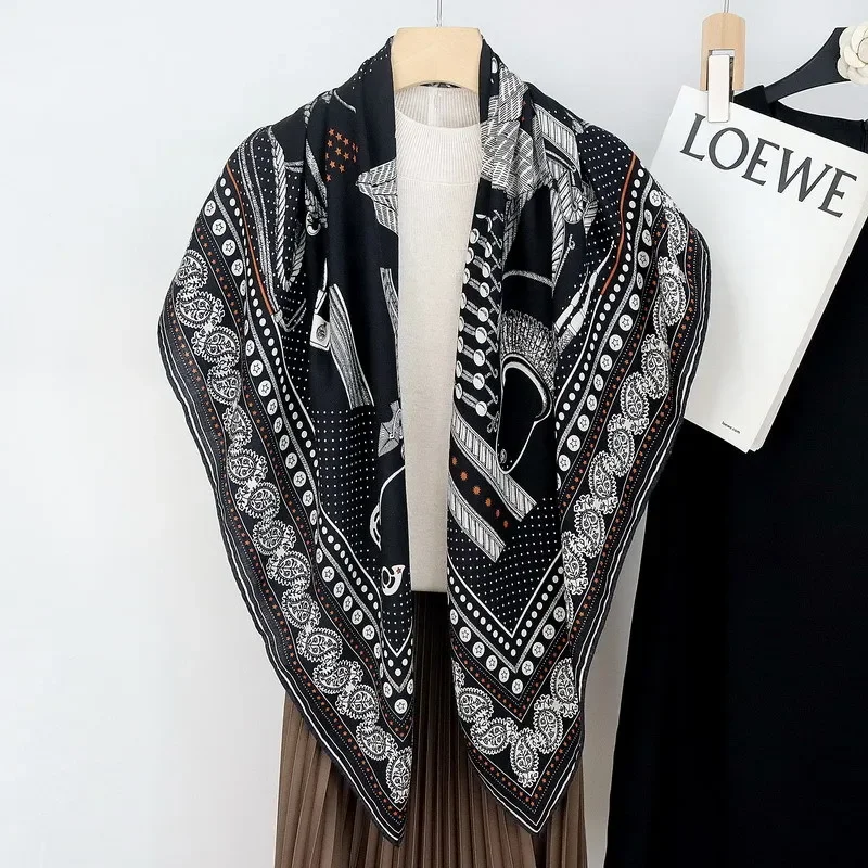 High-end Elegant Women Exquisite Fashion Personality Printed Quality Silk Wool Hand-rolled Edge Warm Large Square Scarf Shawl