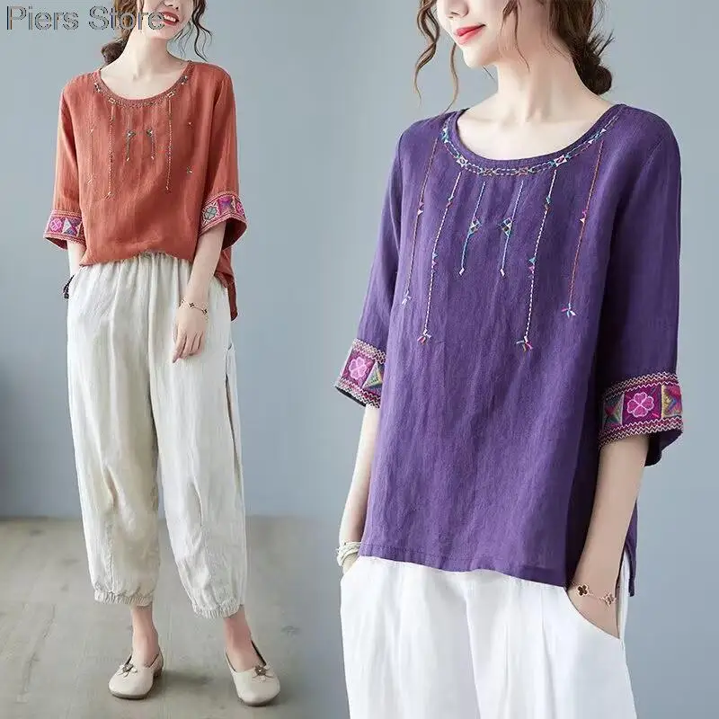 

2024 Summer New Women's Clothing Round Neck Embroidered Patchwork Cotton Pullovers Short Sleeve Tops Women Comfortable T-shirt