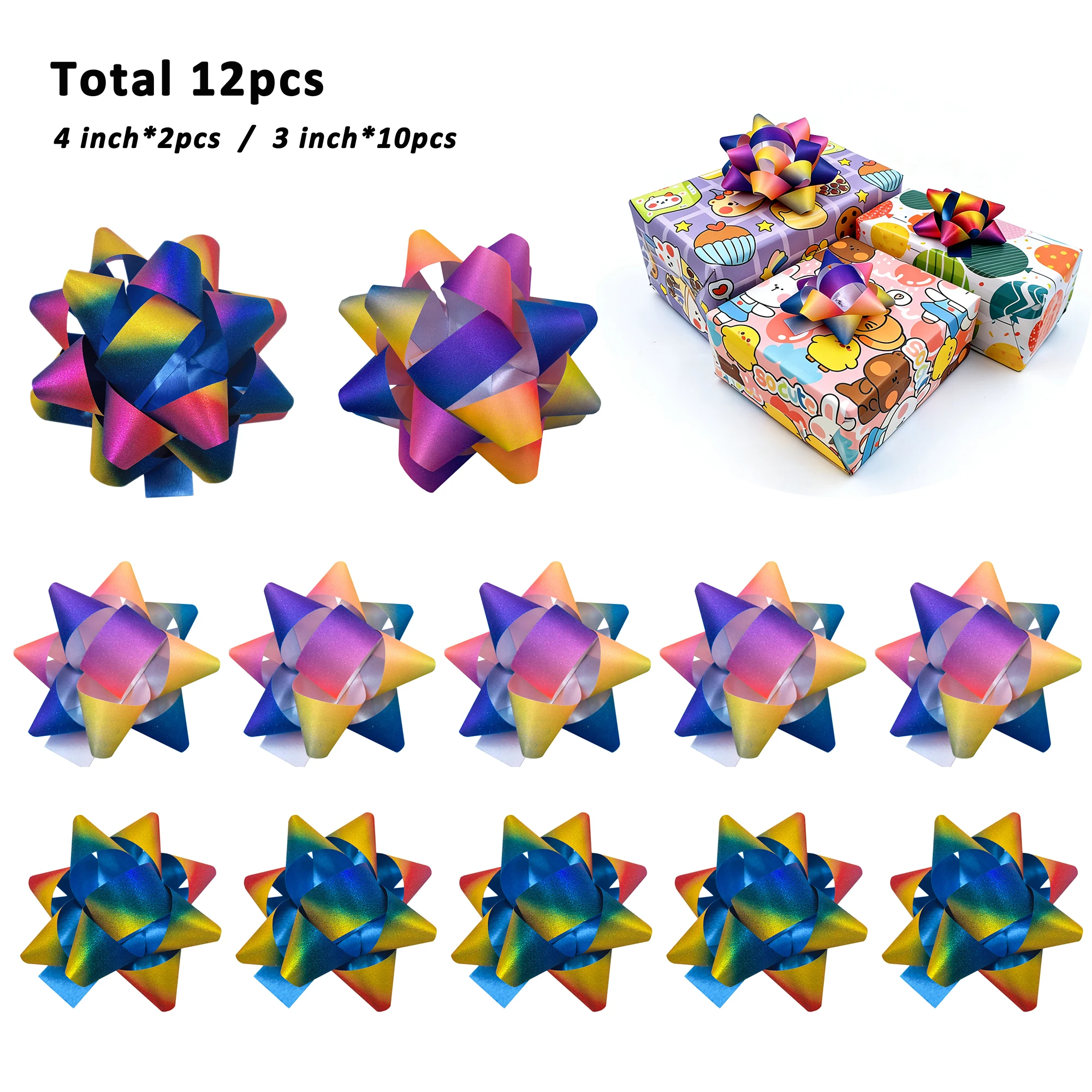 Neue 12 Stück 4 Zoll 3 Zoll regenbogenfarbenes Glitzerband Geschenkschleifen für Hochzeit, Geburtstag, Weihnachten, Party, Babyparty, Feiern
