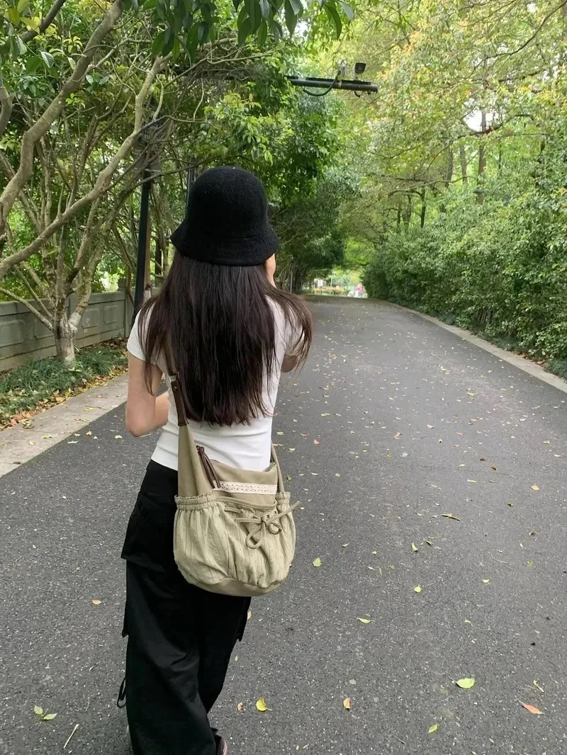 Korean Bow Canvas Crossbody Bags Women Fashion Vintage Drawsting Shoulder Bag 2024 New Casual Y2k New Retro Ladies Messenger Bag