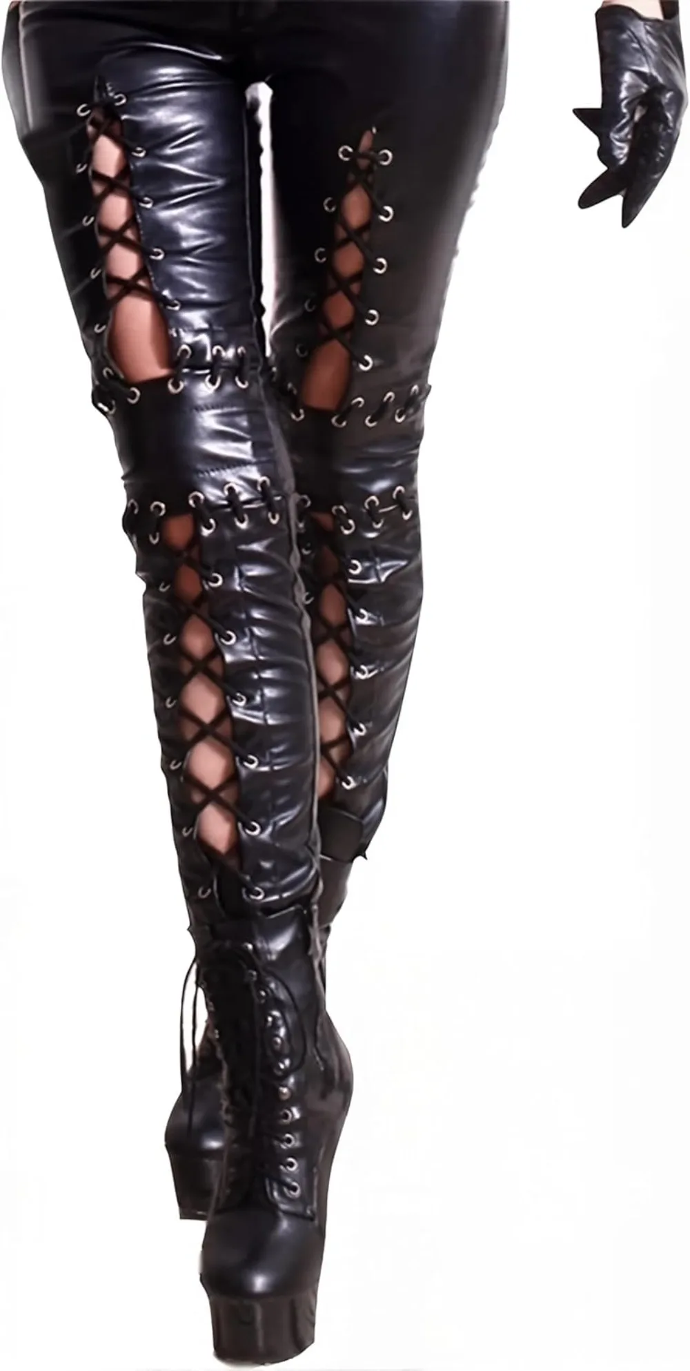 Women Faux Leather Pants Gothic Lace Up Pant Punk Rock Hollow Out Trousers