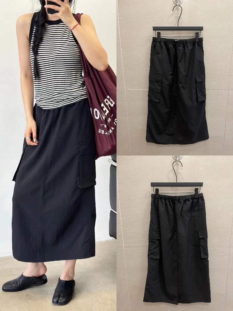 

High Waist A-Line Skirt with kets Workwear Sle Mid-Length Slit Design Cotton Casual Straight Skirt for Women