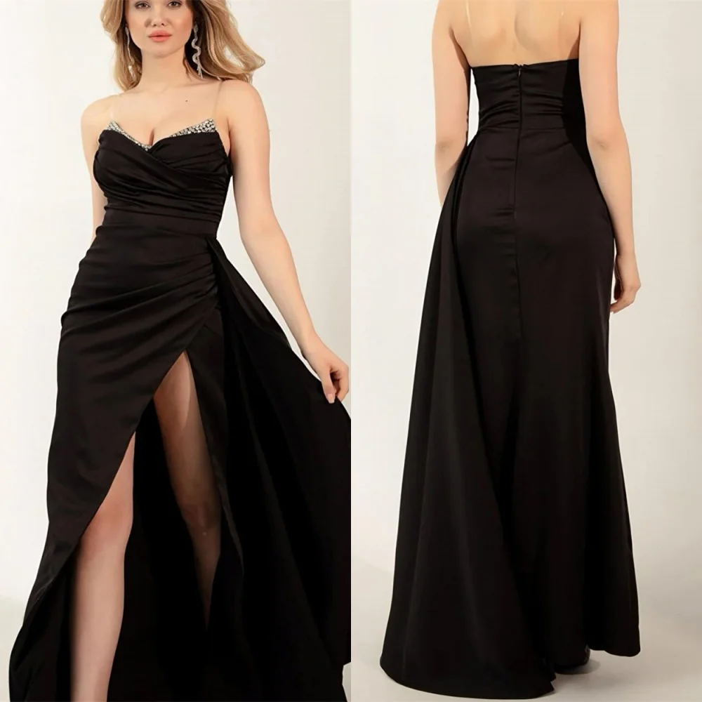 

Customized Formal Black Jersey Evening Dress Luxury Strapless Sleeveless Side Slit Zipper Back Crystal Bespoke Occasio