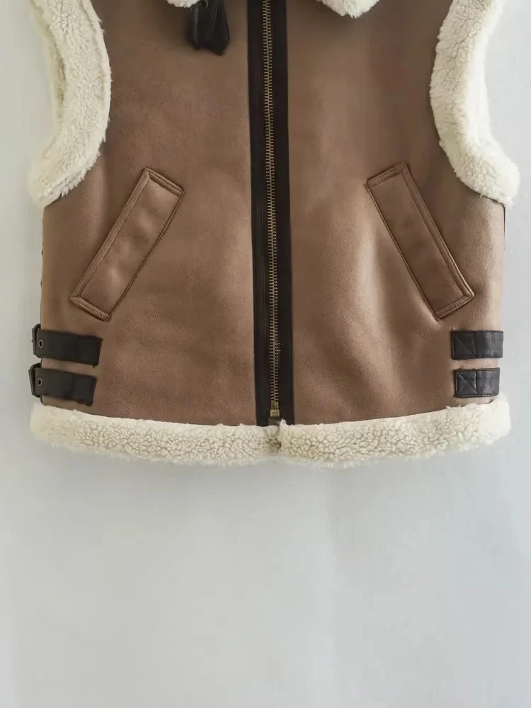 XNWMNZ 2022 Women Fashion Thick Warm Faux Fur Loose Waistcoat Vintage Sleeveless Front Zipper Female Outerwear Chic Vest Tops