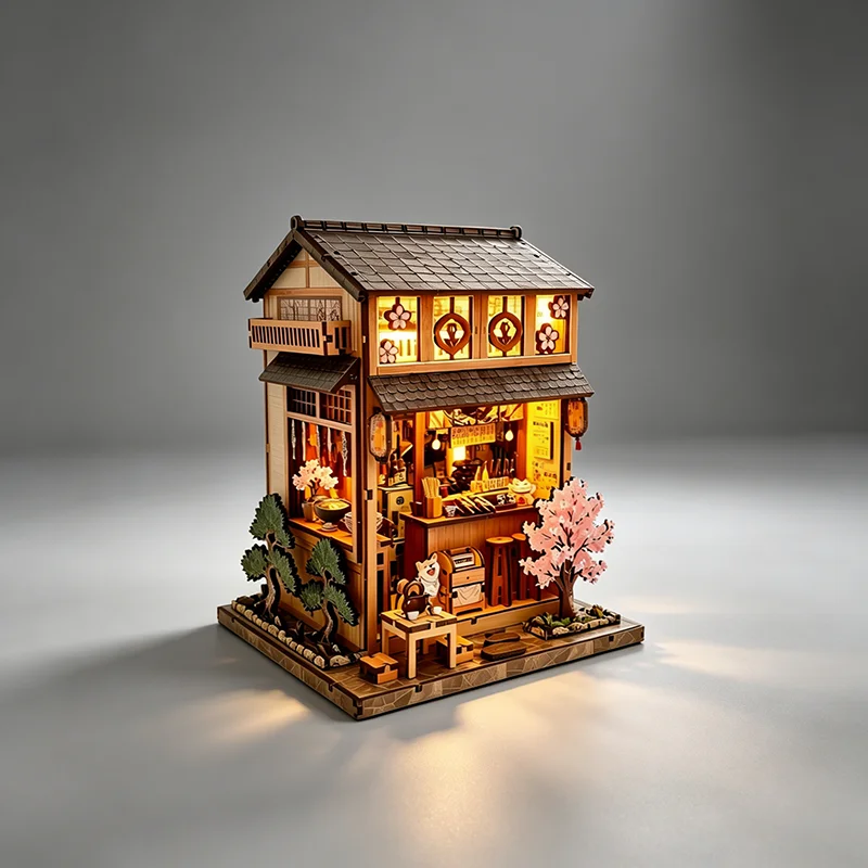 Japanese Street View Miniature Scene 3D Wooden Assembled Light-Up Ornament Traditional Oriental Decor Craft Gift for Hobbyists