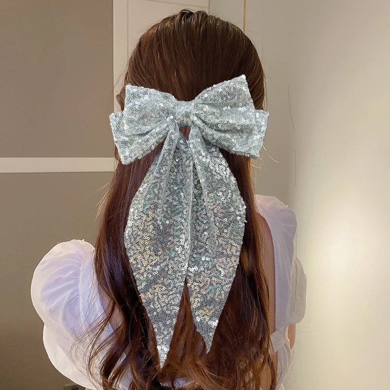 Glitter Sequin Bow Hair Clip Large Double Layer Lace Fashion Barrette Alloy Spring Bottom Clip Hair Bow Women Hair Accessories