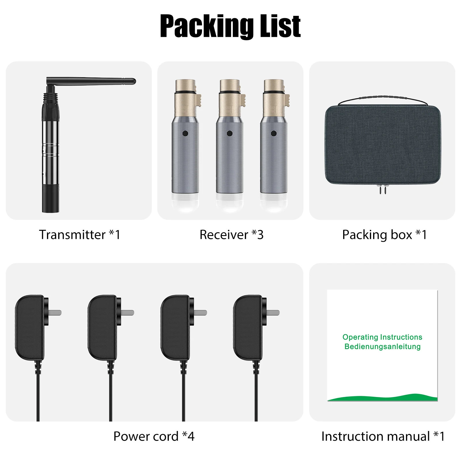 U'King 3 قطعة استقبال قابلة للشحن وجهاز إرسال DMX512 اللاسلكي ومجموعة حافظة مدمجة في بطارية التحكم في إضاءة المسرح لشريط الحفلات