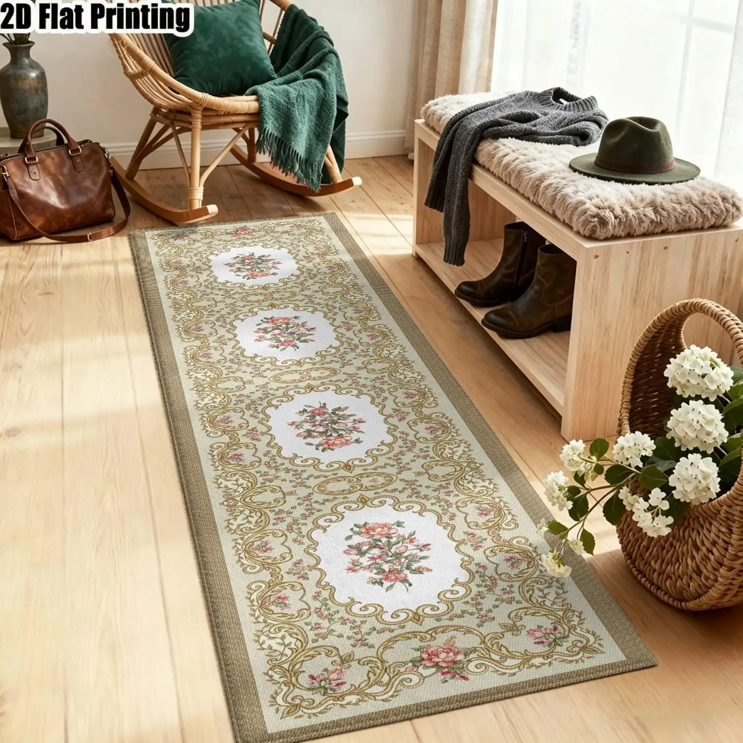 1Pc 2D Printed Long Strip Rug: Beige Base, Pink Floral Pattern, European/Bohemian/Geometric Line Style, Machine Washable, Multi-Size, Ideal for Entryway, Hallway, Bedroom, Kitchen Home Decor