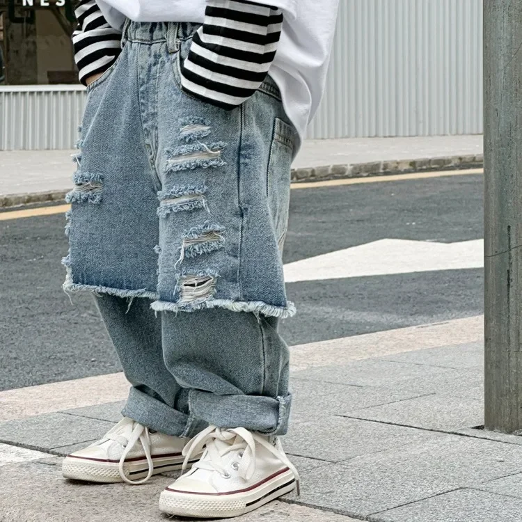 

Boys Jeans Pants Spring Clothes Korean Style Children Clothes 2025 Spring New Children Pants Fake Two Ripped Jeans Boys Clothes
