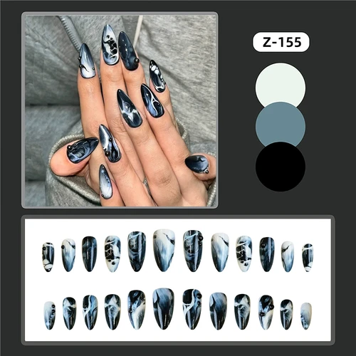 Imagen 2 del producto Presione en las uñas Y2k Cool Girl uñas postizas usable larga tinta de almendra manchado uñas postizas puntas de uñas de moda con diseños de cuentas de acero