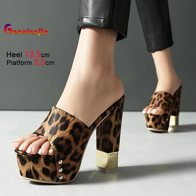 Europe and America Style Leopard print Slippers For Women Comfort Thick Platform Heels Mules 12.5CM Sandals Slip-on Summer Shoes