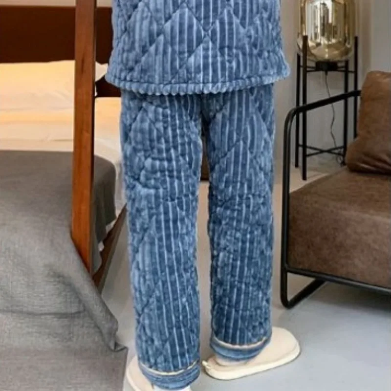 Men Pajamas Winter Plush Leisure Wear Three Layer Nighgown Cotton Thickened Household Autumn Suit Warm Flannel Home Clothing Set