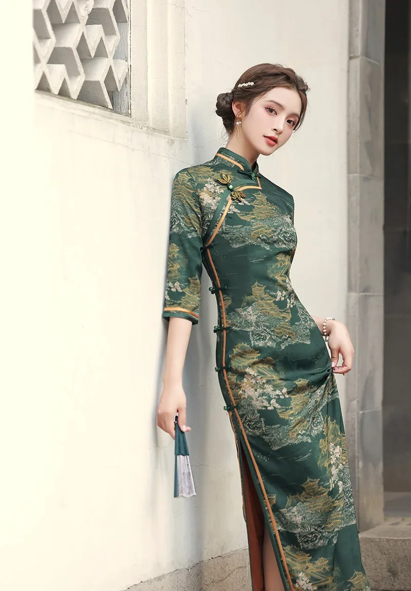 

Yourqipao Chinese Cheongsam Autumn Women's 3/4 Sleeves Hanfu Skirt Warlord Wife Dress Long Traditional Qipao Evening Dresses