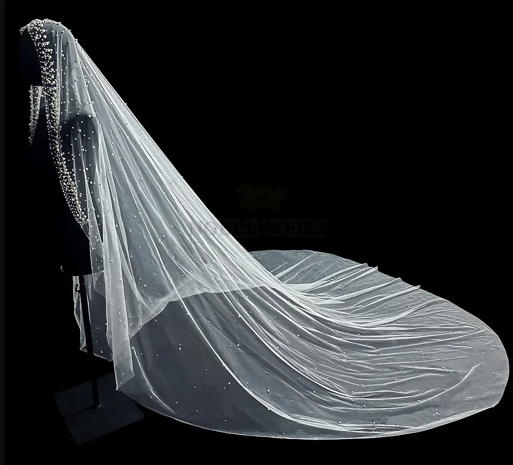 Long Voile de Mariage en Perles, 1T, Luxueux, pour Patients, Sans Peigne, Personnalisé