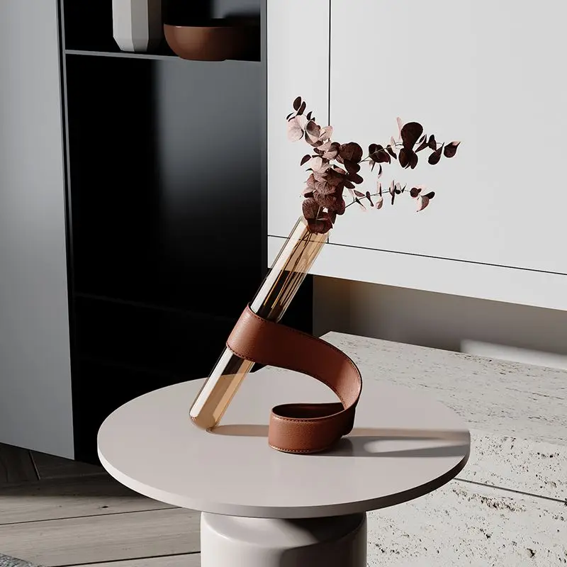 Nordic Modern Artistic Vases Simple Glass Tubular Living Room Desktop Vases Leather Bracket Handmade Luxury Personal Home Decor
