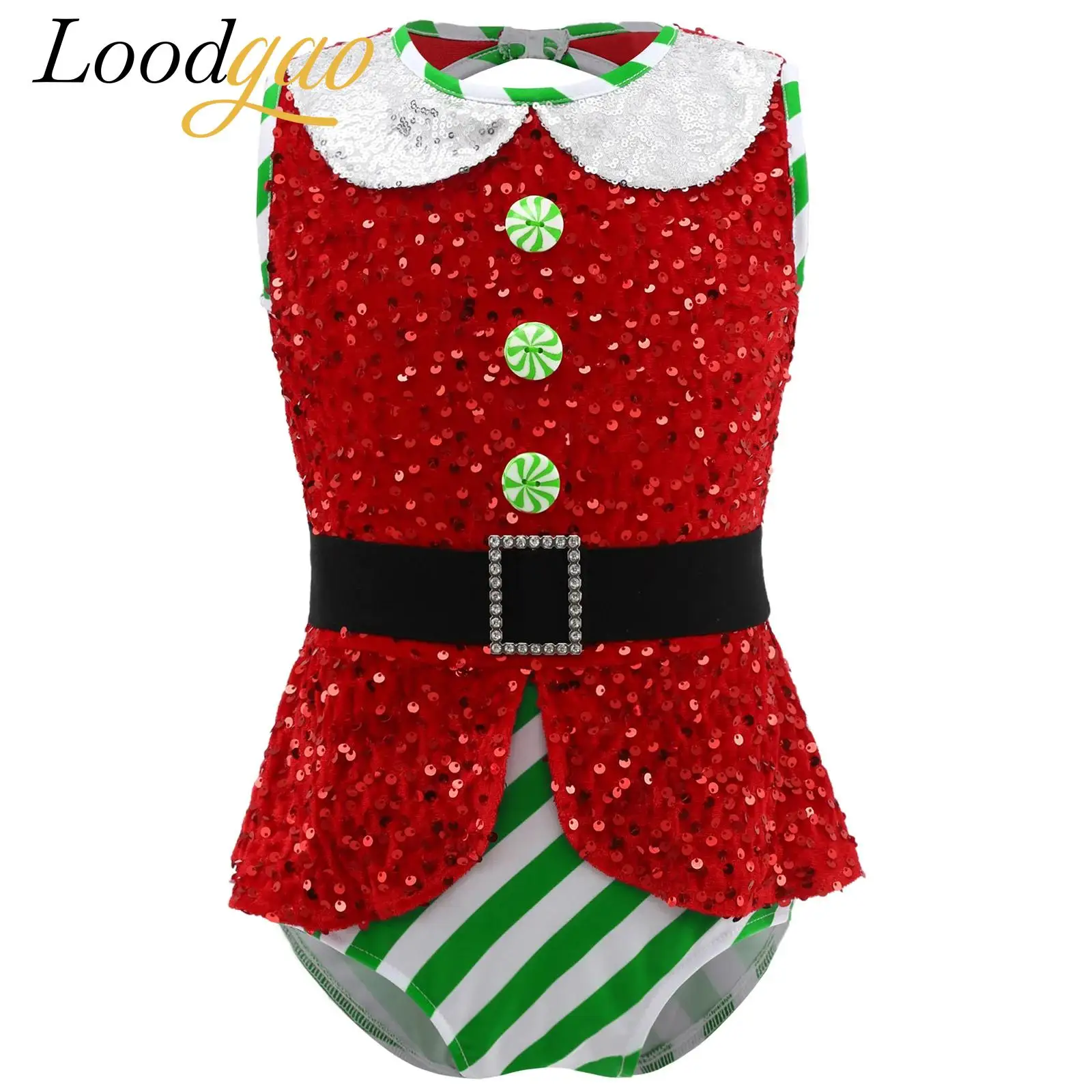 2025 Girls Christmas Leotard Elf Costume New Year Xmas Dance Outfit Bodysuit Sequins Sleeveless Jumpsuit Holiday Dance Bodysuits