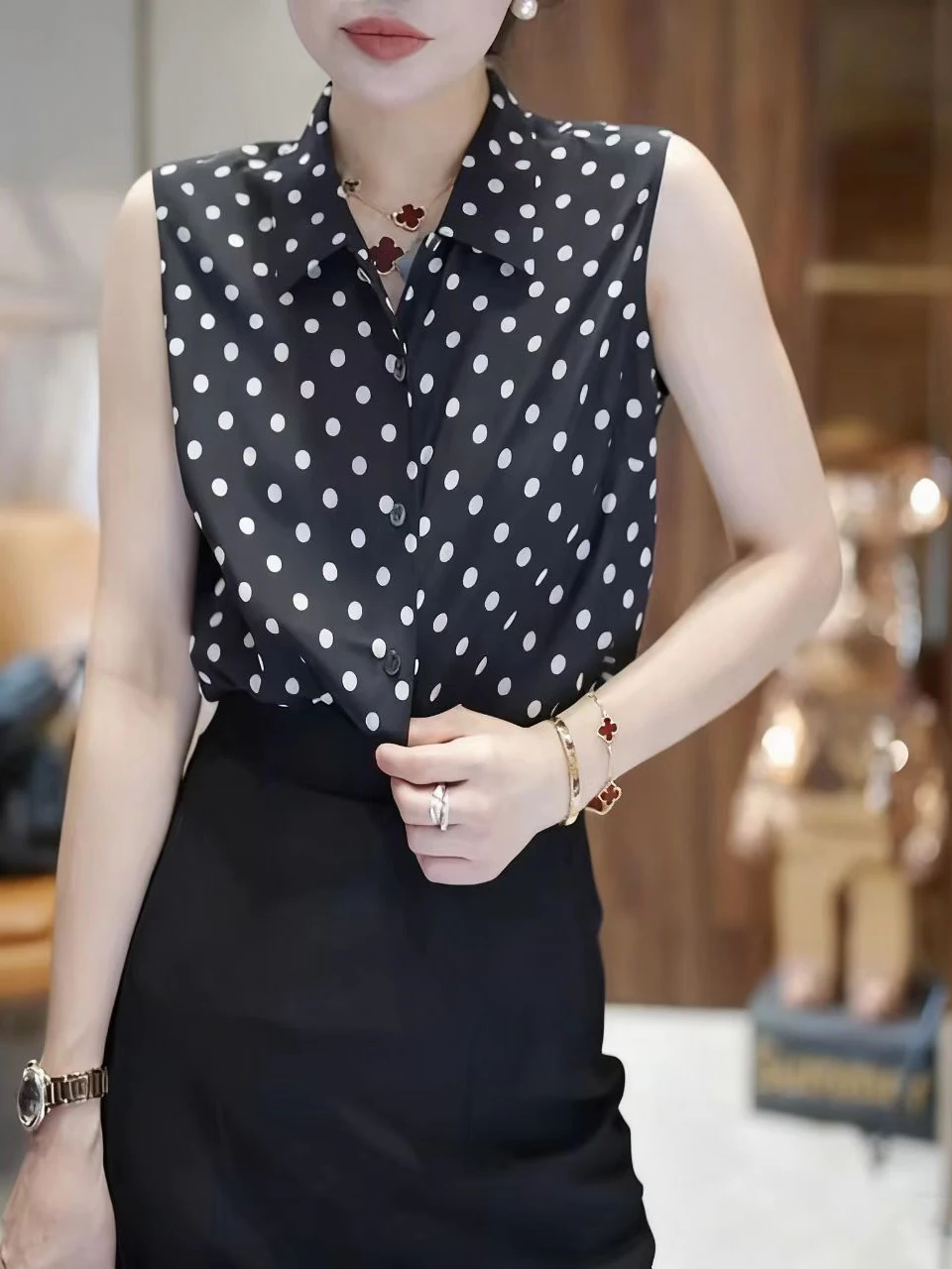 plus Size Polka Dot Vest Women's Summer New Sle High Quali irt Collar Blouse Top Korean Sle Straight Cut Print Polyester