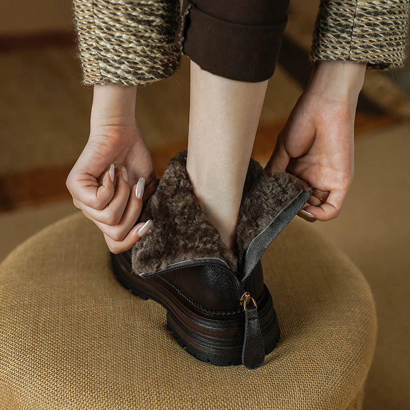 2025 New Genuine Leather Wool Boots Women Slip on Square Mid Heels Warm Winter Boots Handmade Warm Ankle Booties Retro Shoes