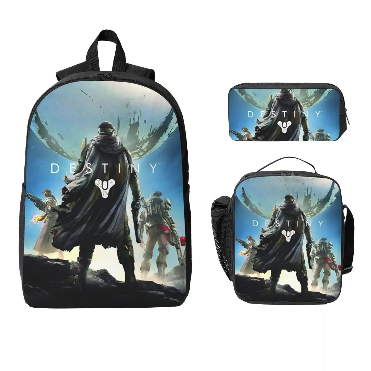 Destiny 2 Games Sac à dos pour enfants, boîte à lunch, boîtes à crayons pour garçons et filles, sacs à dos préscolaires, ensemble de cartable scolaire