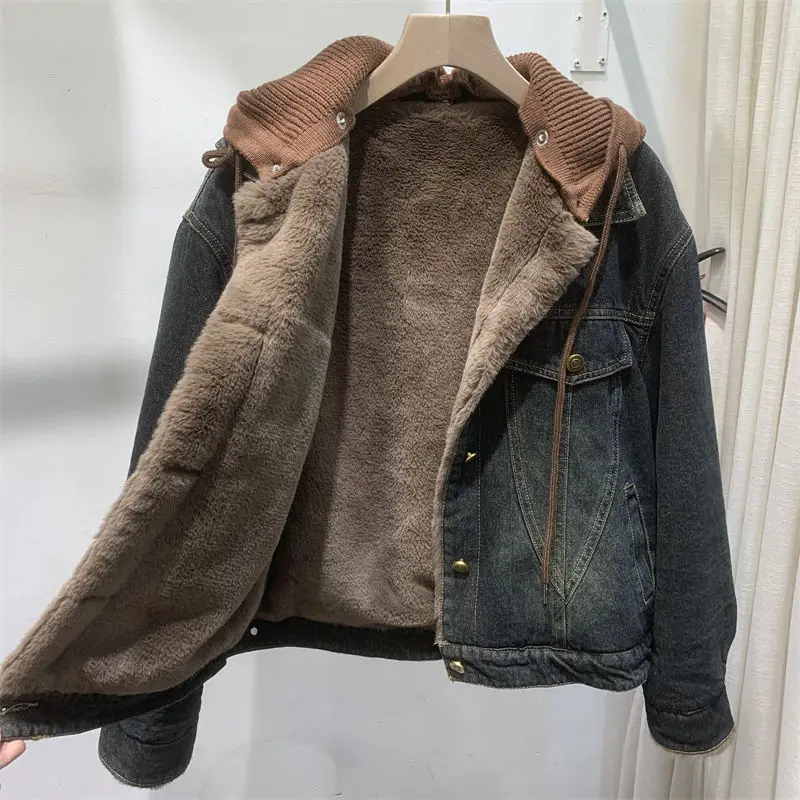 Vintage Women Winter Warm Fleece Lining Denim Jacket Casual Streetwear Knitted Hooded Coat Boyfriend Style Loose Fit Overcoat