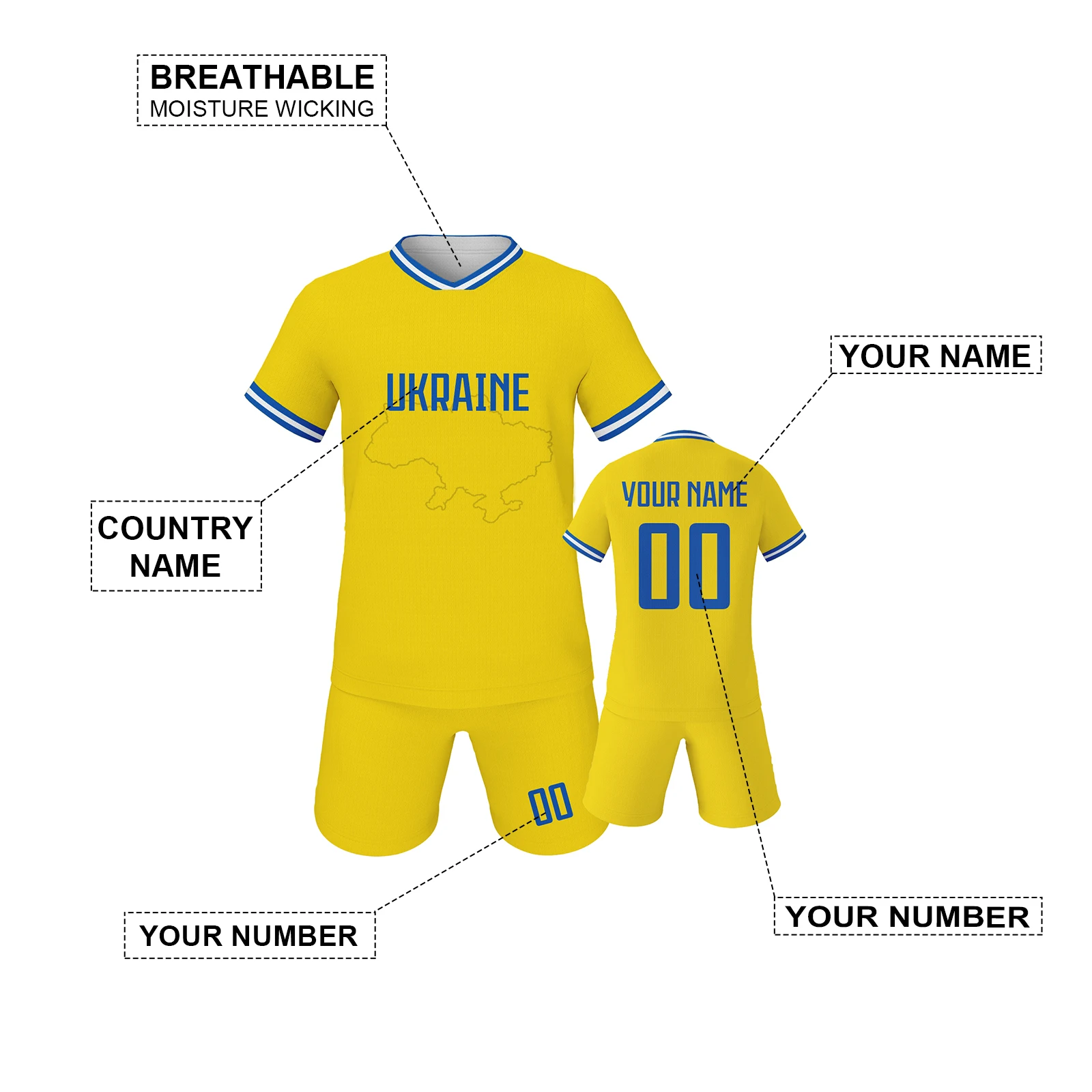 Ukraine Custom Kids Soccer Jersey Personalized  Football Shirt with Name and Number Print Youth Team Training Sportswear 3-14Y