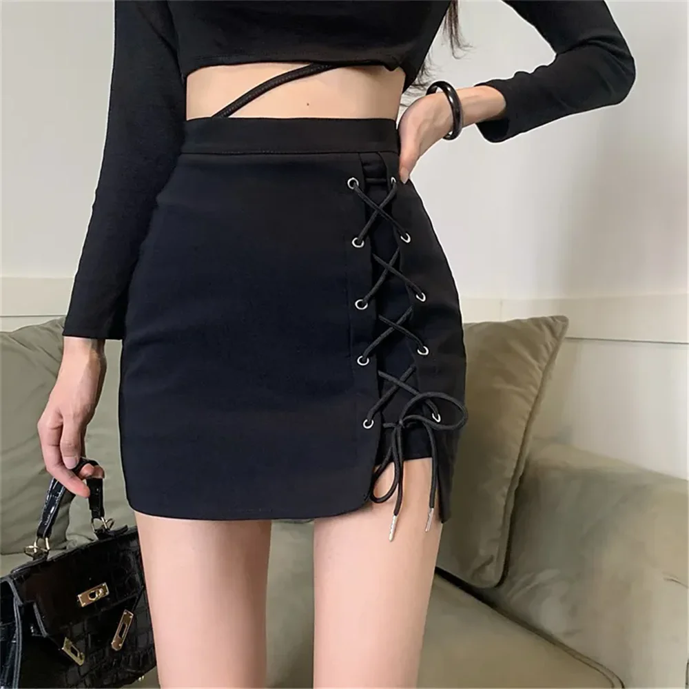 

Woman Streetwear Gothic Y2K Bodycon Skirts Women Sexy Skinny Lace Up Black Short Skirts Spring Summer High Waist Mini Skirt