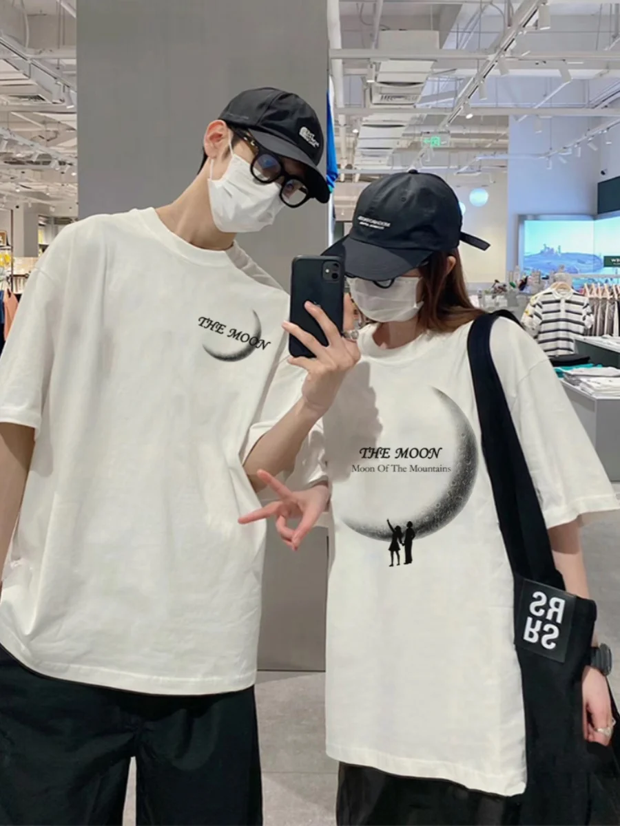 2024 Summer The Moon Print Men Women Graphic T-Shirt Streetwear 240g Cotton Loose Short Sleeve Shirts Top For Couple Clothes