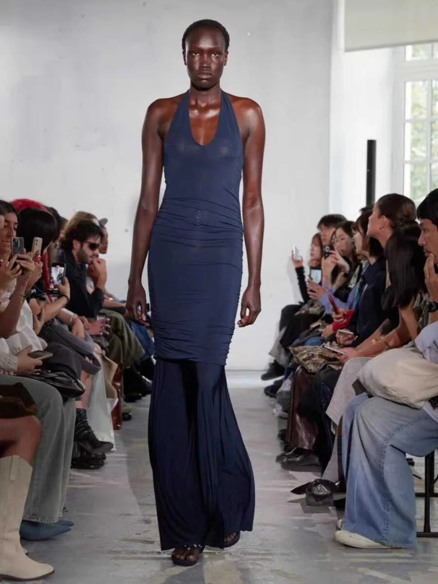 パロマウール 2024 エラスティック ロング ネライン ドレス レディース サマードレス ヴィンテージ スレ Hライン プリント カジュアルウェア l ウエストシェイプ