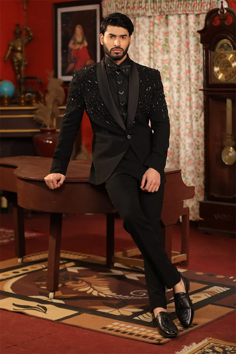 Crystals Black Men Suit Set 2 Pieces Cotton Blazer+Pants Trousers Formal Office Beaded Groom Wedding Tuxedo Customized Jacket