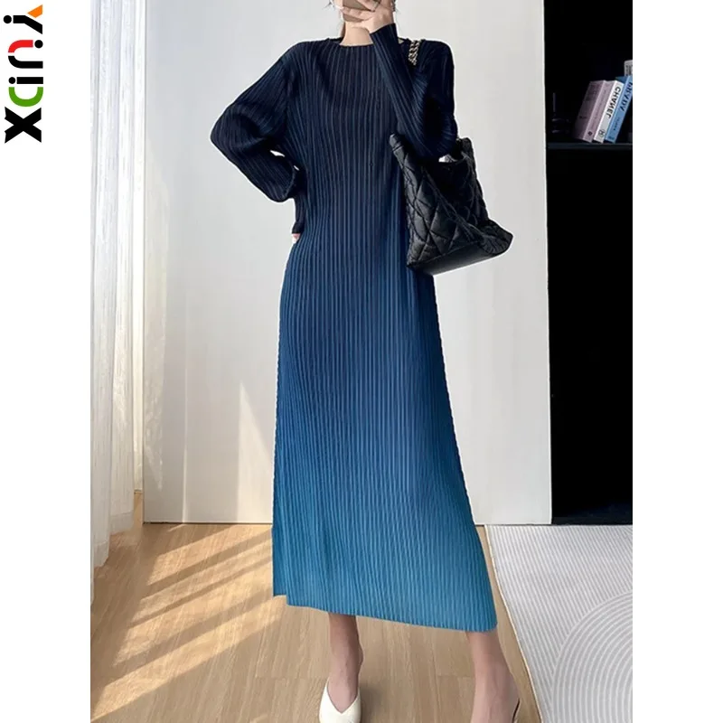 

YUDX Miyake Pleated Gradient Color Dress Women Full Sleeve Loose Round Collar Medium Long New 2023 Fashion Female Holiday Cloth