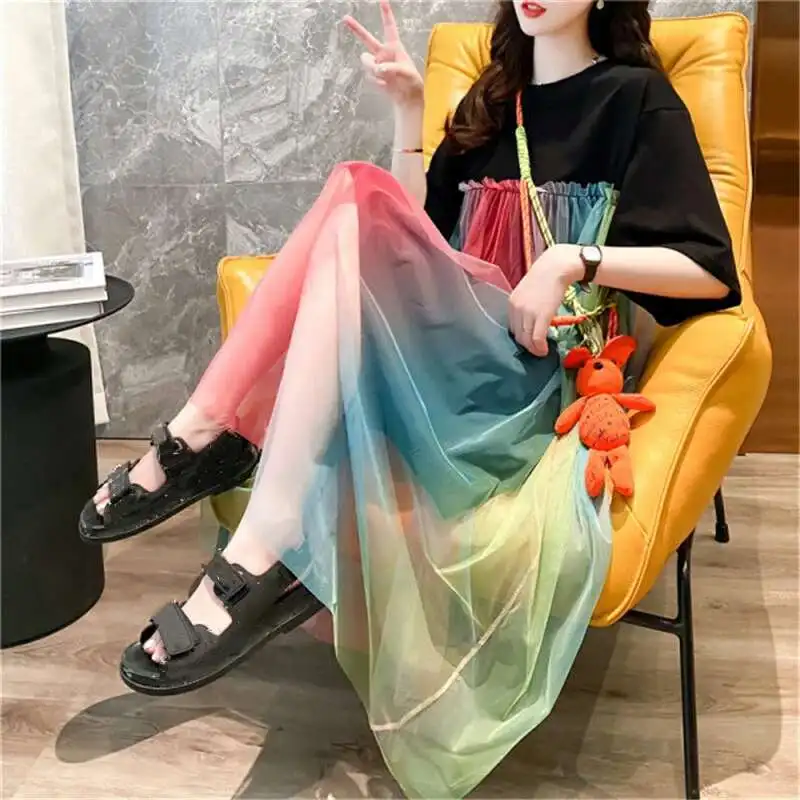 2025 여름 데일리 드레스 여성 캐주얼 레인보우 메쉬 스티치 반팔 롱 드레스 스트리트 패션 의류 홀리데이웨어