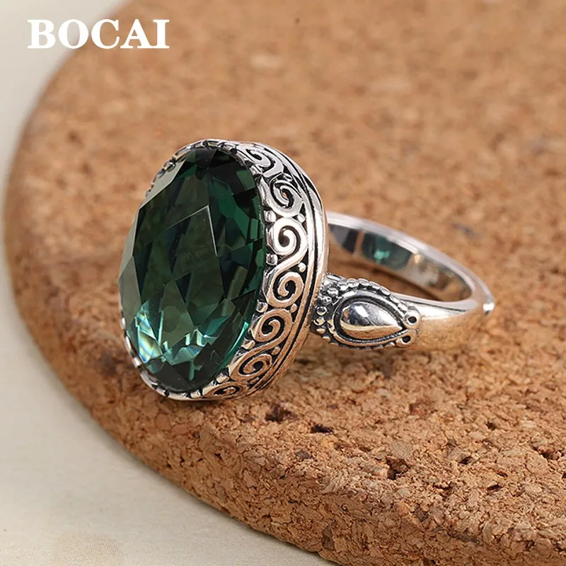 

BOCAI real S925 pure silver square inlaid crystal men and women ring open baroque style fashionable new couple ring