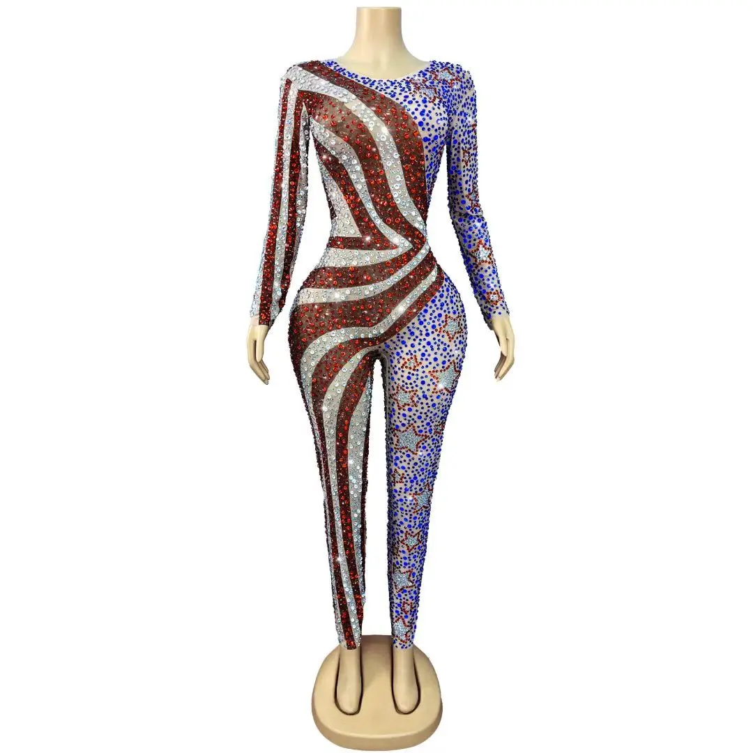 Meishiku Red White Blue Star Stripe Rhinestone Jumpsuit Long Sleeve Nude Mesh Singer Dance Stage Performance Costume