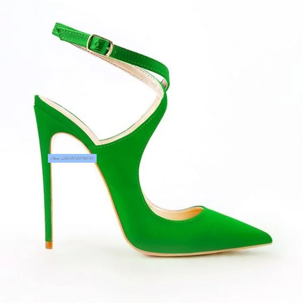 Mulheres verde rosa cetim tecido alça cruzada sapatos de salto alto 12cm 10cm 8cm dedo do pé apontado sapatos de casamento rasos estilingue casamento