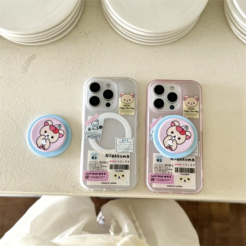 Korea Japan Cute Barcode Label Bear Magsafe Wireless Charge Case For iPhone 13 14 15 16 Pro Max Cartoon Bear Magnetic Holder