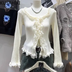 KUSAHIKI Chic O-neck Lace Ruffle Patchwork Knitwear Women Spring Sweet Cool Spicy Girl Sexy Slim Bottoming Sweater Coat Women