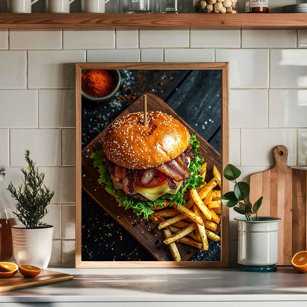 Cheese Wine Board Grilled Steak Rosemary Cake Spaghetti Cheeseburger with Fries Poster Food Canvas Painting Print Kitchen Decor