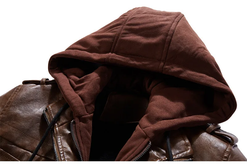 American Autumn and Winter Men\'s Leather Jacket Top Men\'s Warm Hooded Jacket, Men\'s Casual Trendy Jacket