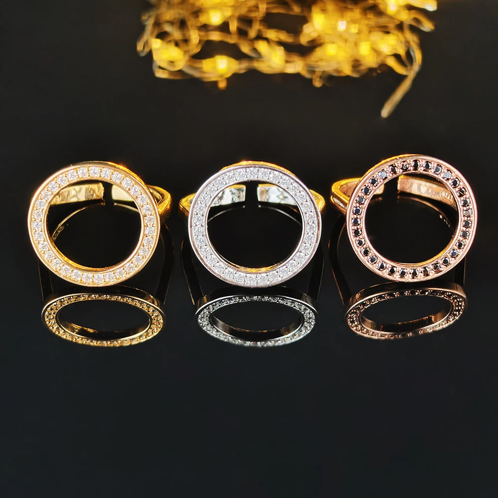 Big Rose Gold Silver Color Black Zirconia Promise Fashion Adjustable Open Rings for Women Finger Trendy Love Gift Jewelry R4677