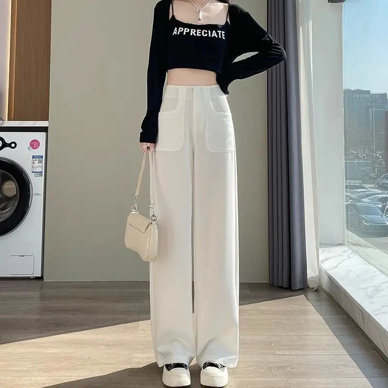 Beige Wide Leg Pants For Women In Summer, Thin, High Waisted, Hanging Straight Leg, Floor Length Pants