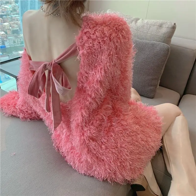 

Autumn/Winter Furry Sweater Pink Woman Sweet Fashion Sexy Backless Hollow Long-Sleeved Open Back Sweater Bow Tie Sweater Warm