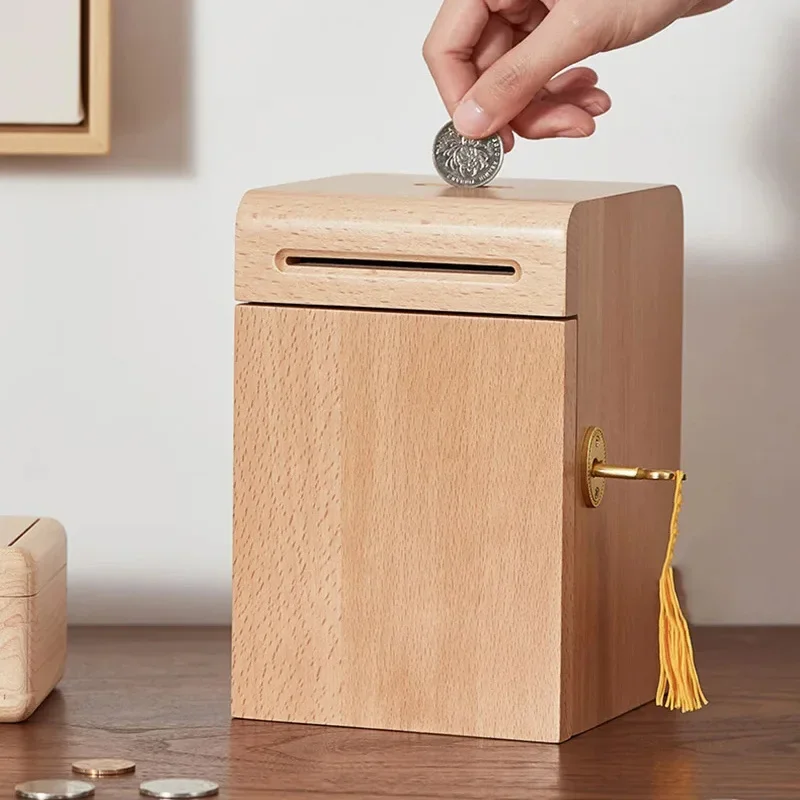 

Thickened solid wood piggy bank Built-in Lock home decoration money saving box Quality Gifts Free Delivery