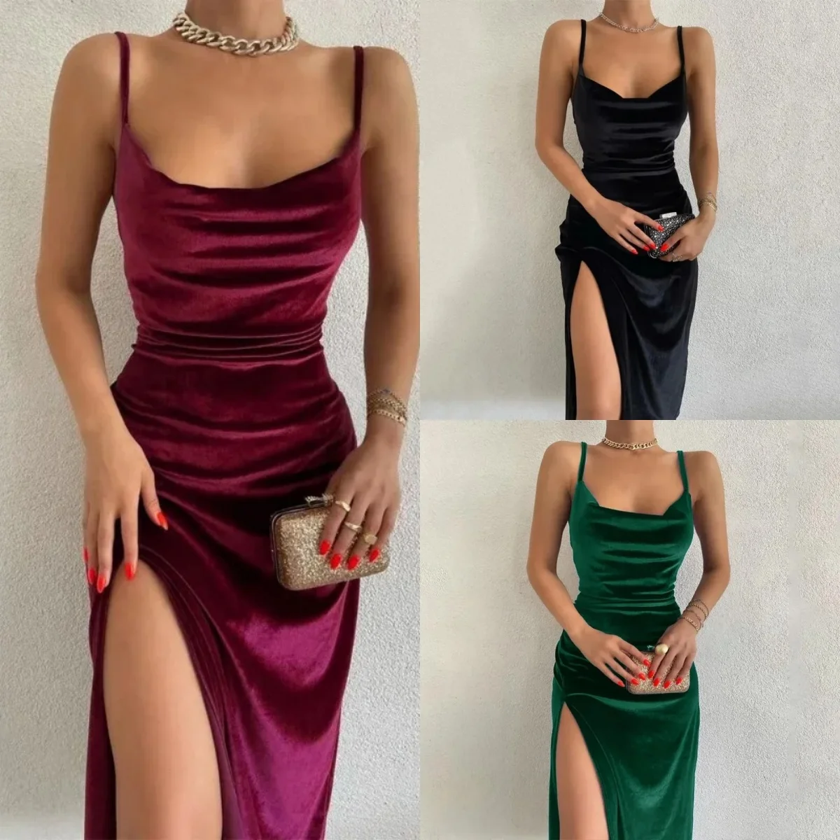 

Women Mermaid Evening Dress Elegant Spaghetti Strap High Split Prom Gowns Velvet Formal Dresses Vestidos De Noche Custom Made