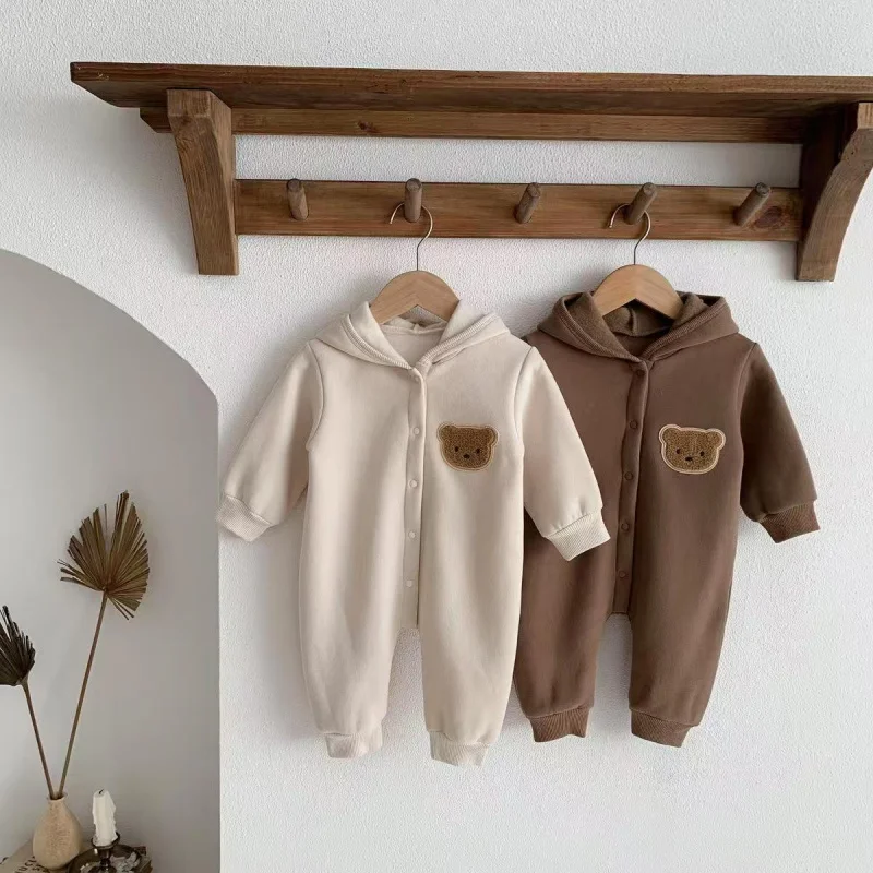 

Newborn Baby Clothes Autumn Girls Jumpsuit Bear Print Hooded Boys Warm Thicken and fleece Romper for Winter Children's Clothing