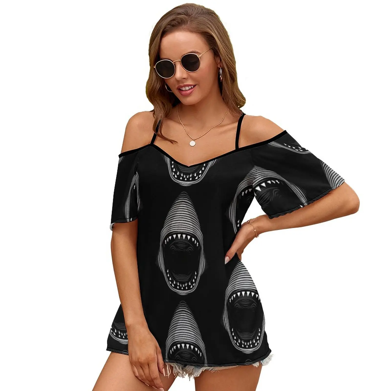 Line Shark White Women Short Sleeve Tops O-Neck Hollow Out Shoulder Strap Tees Streetwear Dolphin Shark Whale Ocean Terror