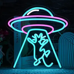 UFO Cat Abduction Neon Sign for Wall Decor UFO Neon Light LED Neon Sign for Bedroom Living Room Men Cave Bar Hotel Office Decor