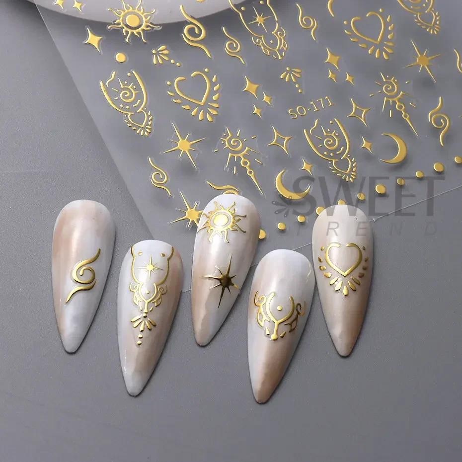 1 stks 3D Zilveren Ster Nail Art Sticker Goud Bronzing Zon Slider Voor Y2K Patroon Decal Manicure Liefde Hart tatoeages Decoratie SWSO