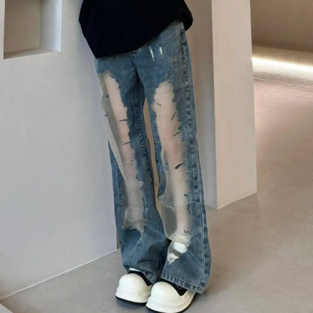 

Fashion High Waist Casual Mesh Jeans Straight Irregular Wide Leg Denim Pants See Through Loose Ripped Jeans Daily